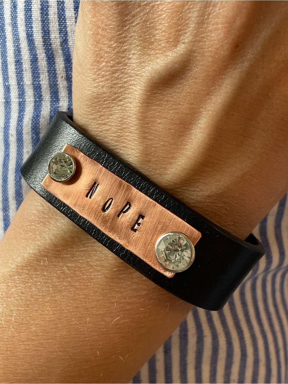 Black Leather Bracelet with Copper Plate and Crystal Studs